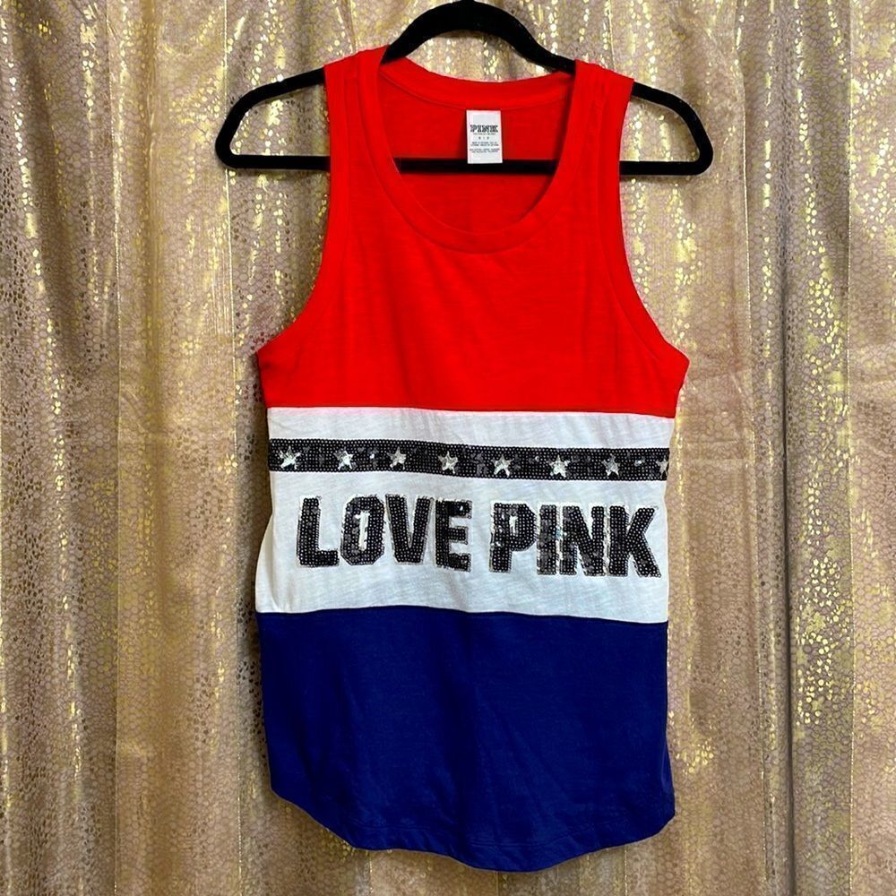 PINK Victoria’s Secret red white and blue silver sequin bling tanktop, size S